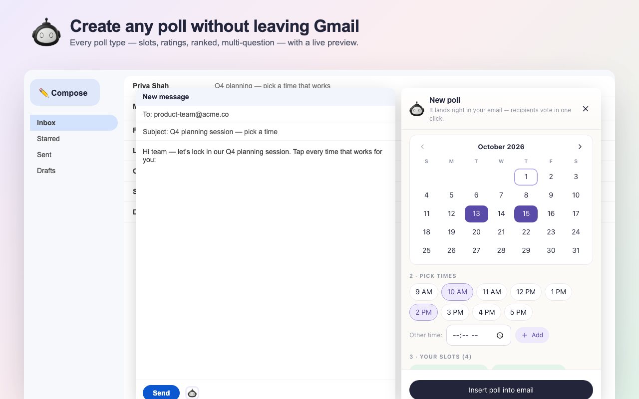 The Polls for Gmail builder beside a Gmail draft, with a calendar and time slots